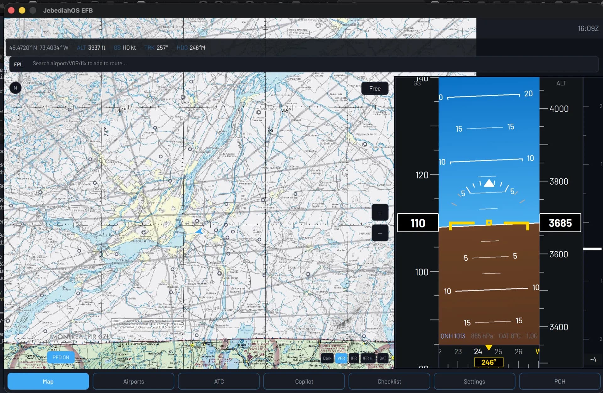 VFR sectional chart with synthetic vision PFD