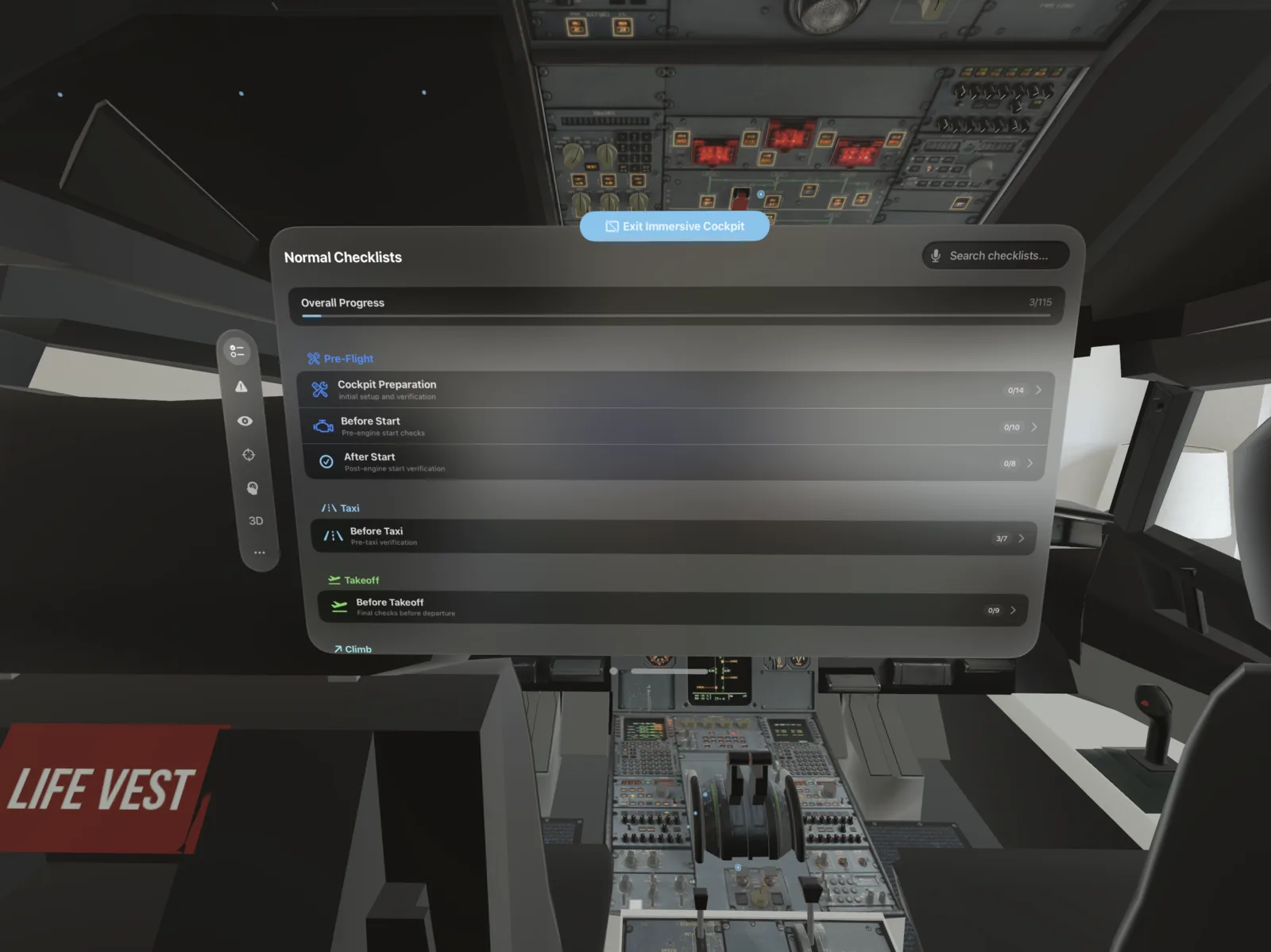 A320 Guide on Apple Vision Pro — Normal Checklists with overall progress